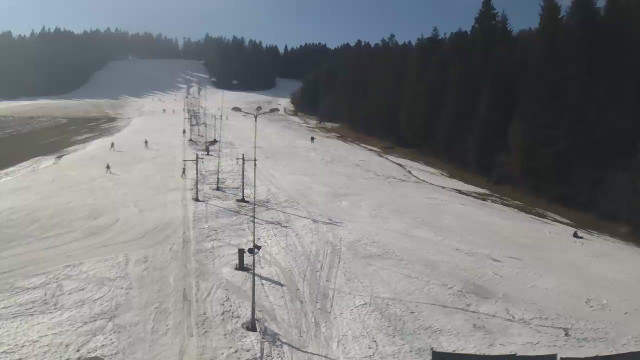 Widok z kamery z dołu na stok Lesko Ski w Weremieniu koło Leska
